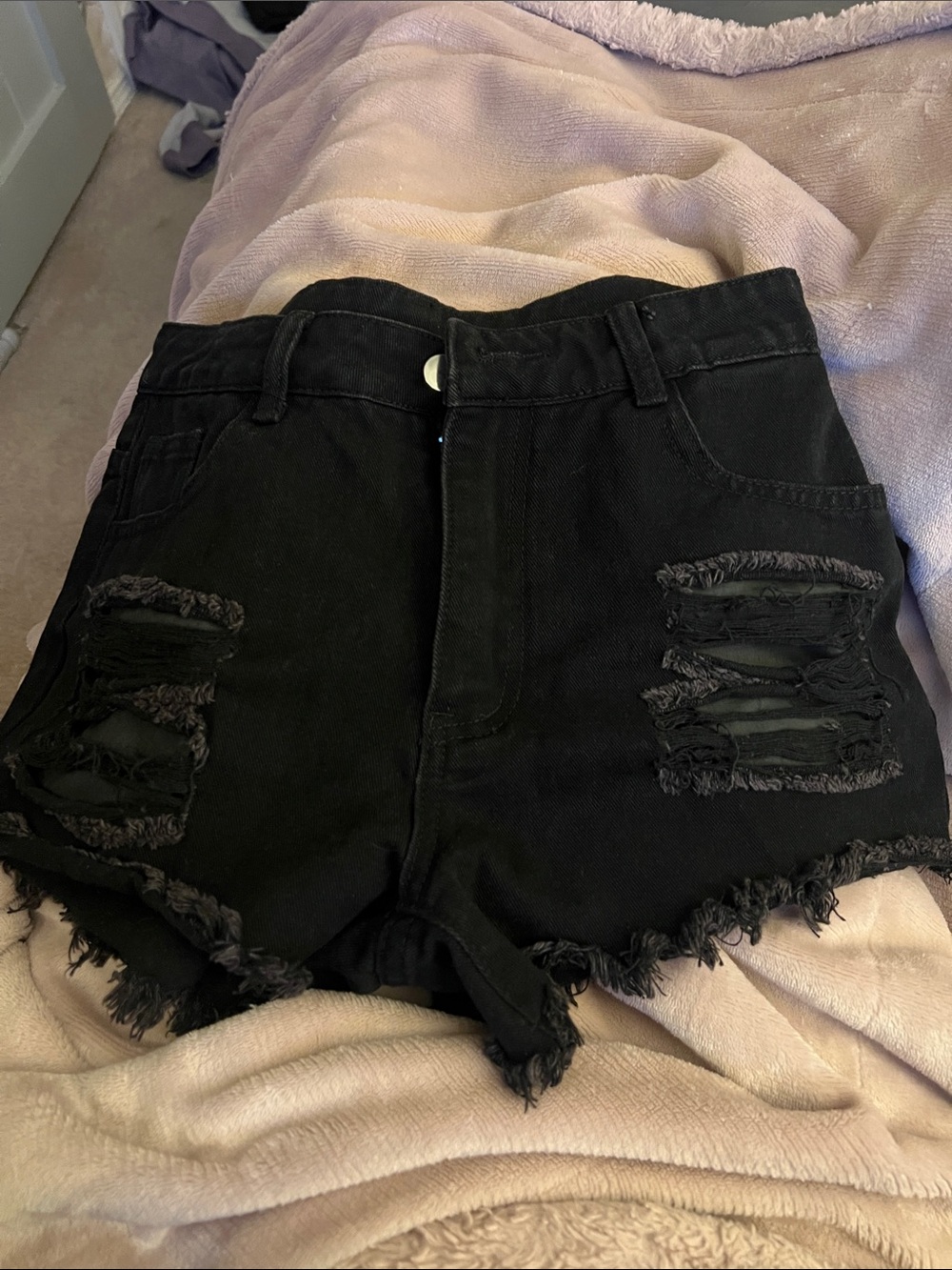 Black Distressed High-Rise Denim Shorts
Never worn